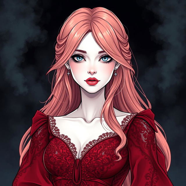 A graphic illustrative image of a pale woman with icy blue eyes and rose gold hair cascading past her shoulders