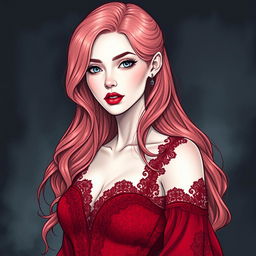 A graphic illustrative image of a pale woman with icy blue eyes and rose gold hair cascading past her shoulders