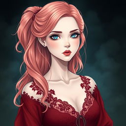 A graphic illustrative image of a pale woman with icy blue eyes and rose gold hair cascading past her shoulders