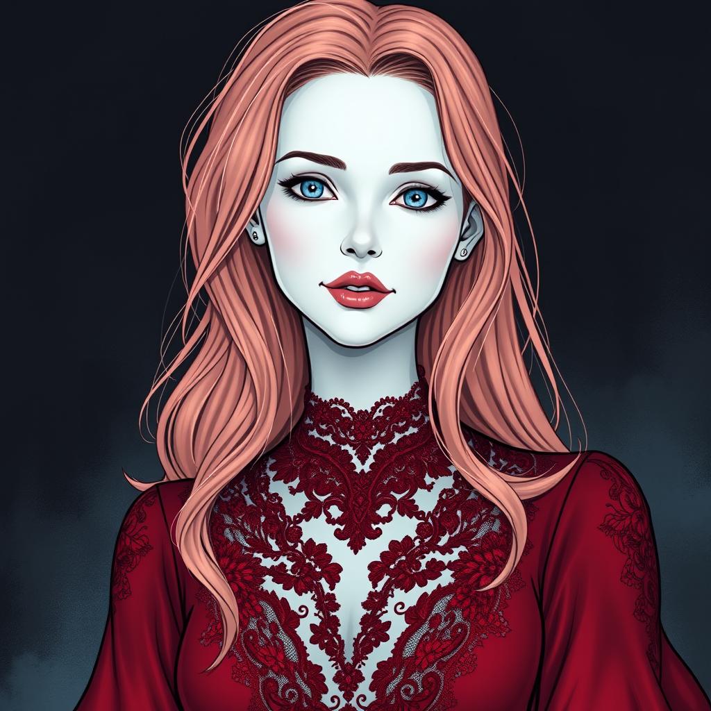 A graphic illustrative image of a pale woman with icy blue eyes and rose gold hair cascading past her shoulders