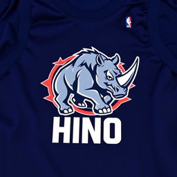 A navy blue basketball jersey featuring a bold design of a raging rhino, artistically illustrated to convey strength and aggression