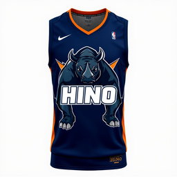 A navy blue basketball jersey featuring a bold design of a raging rhino, artistically illustrated to convey strength and aggression