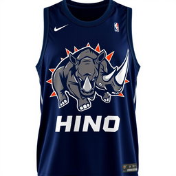 A navy blue basketball jersey featuring a bold design of a raging rhino, artistically illustrated to convey strength and aggression