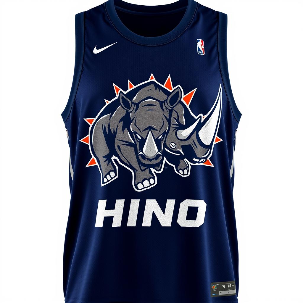 A navy blue basketball jersey featuring a bold design of a raging rhino, artistically illustrated to convey strength and aggression