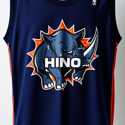 A navy blue basketball jersey featuring a bold design of a raging rhino, artistically illustrated to convey strength and aggression