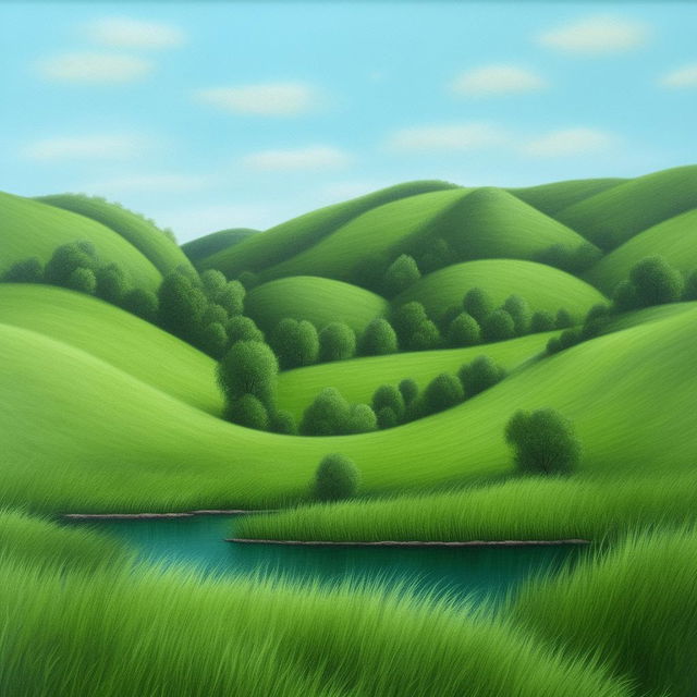 Generate a tranquil and serene landscape painting for a homely setting featuring rolling hills, clear blue skies, and a gentle river with lush greenery.