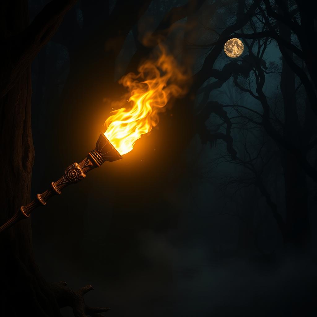 An ethereal scene depicting a glowing torch in a dark forest, illuminating the surrounding trees with warm, golden light
