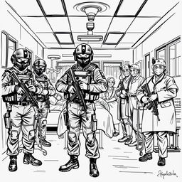 An artistic black and white sketch of a group of armed police officers, alongside doctors and nurses, in a hospital setting in Nepal
