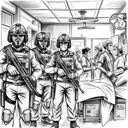 An artistic black and white sketch of a group of armed police officers, alongside doctors and nurses, in a hospital setting in Nepal