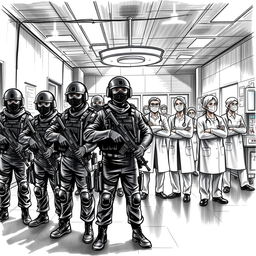 An artistic black and white sketch of a group of armed police officers, alongside doctors and nurses, in a hospital setting in Nepal