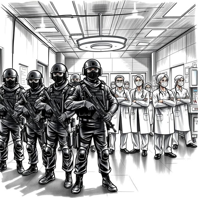 An artistic black and white sketch of a group of armed police officers, alongside doctors and nurses, in a hospital setting in Nepal