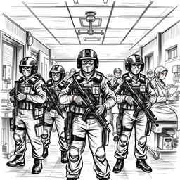 An artistic black and white sketch of a group of armed police officers, alongside doctors and nurses, in a hospital setting in Nepal