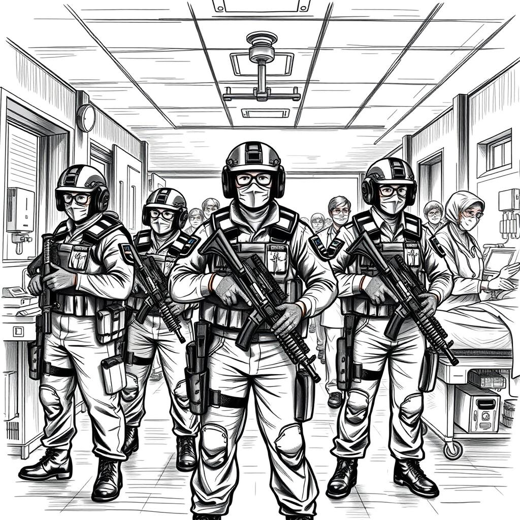 An artistic black and white sketch of a group of armed police officers, alongside doctors and nurses, in a hospital setting in Nepal