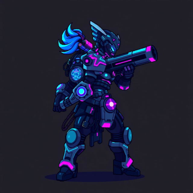 A pixel art character designed as an enemy for a cyberpunk game, featuring futuristic armor, neon glowing patterns, and intricate mechanical details