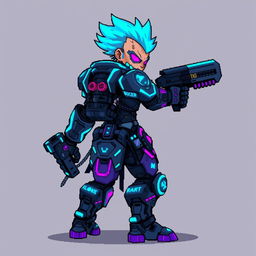 A pixel art character designed as an enemy for a cyberpunk game, featuring futuristic armor, neon glowing patterns, and intricate mechanical details