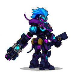A pixel art character designed as an enemy for a cyberpunk game, featuring futuristic armor, neon glowing patterns, and intricate mechanical details