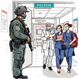 A detailed sketch for a magazine cover featuring an armed police officer, a doctor, and nurses in the setting of a Nepal APF hospital