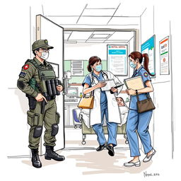 A detailed sketch for a magazine cover featuring an armed police officer, a doctor, and nurses in the setting of a Nepal APF hospital