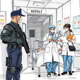 A detailed sketch for a magazine cover featuring an armed police officer, a doctor, and nurses in the setting of a Nepal APF hospital