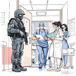 A detailed sketch for a magazine cover featuring an armed police officer, a doctor, and nurses in the setting of a Nepal APF hospital