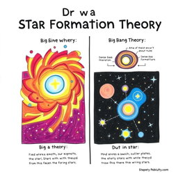 A visually engaging and simple to draw poster comparing the Big Bang Theory and Star Formation Theory