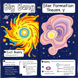 A visually engaging and simple to draw poster comparing the Big Bang Theory and Star Formation Theory
