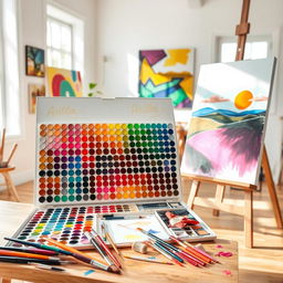 A vibrant and colorful painting board set in a bright, sunny studio