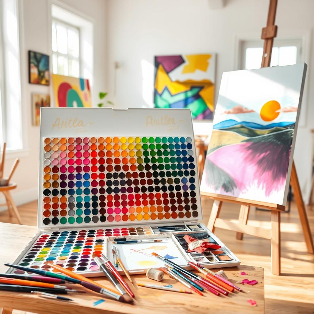 A vibrant and colorful painting board set in a bright, sunny studio