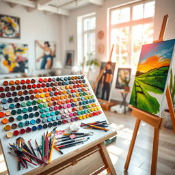A vibrant and colorful painting board set in a bright, sunny studio