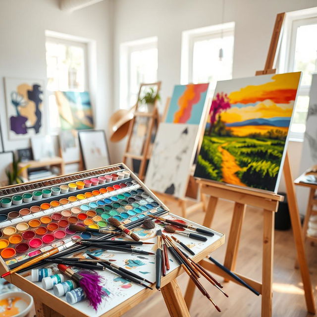 A vibrant and colorful painting board set in a bright, sunny studio