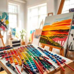 A vibrant and colorful painting board set in a bright, sunny studio