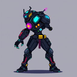 A detailed pixel art game enemy asset designed in a cyberpunk style, featuring vivid colors and futuristic elements