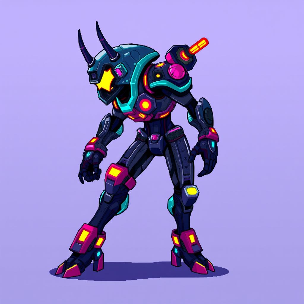 A detailed pixel art game enemy asset designed in a cyberpunk style, featuring vivid colors and futuristic elements