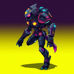 A detailed pixel art game enemy asset designed in a cyberpunk style, featuring vivid colors and futuristic elements