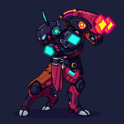 A detailed pixel art game enemy asset designed in a cyberpunk style, featuring vivid colors and futuristic elements