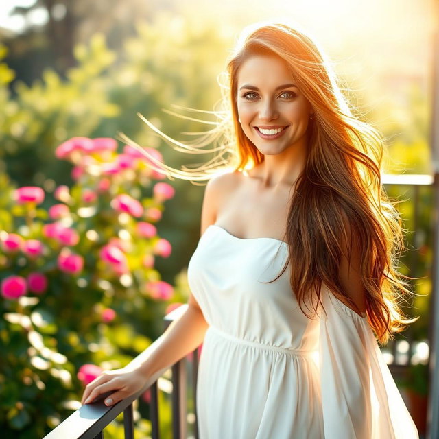 A stunning portrait of a confident woman standing on a sunlit balcony, overlooking a lush green garden