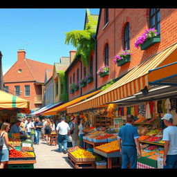A vibrant street scene featuring a busy marketplace filled with colorful stalls, where vendors sell fresh fruits, handmade crafts, and local delicacies