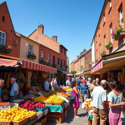 A vibrant street scene featuring a busy marketplace filled with colorful stalls, where vendors sell fresh fruits, handmade crafts, and local delicacies