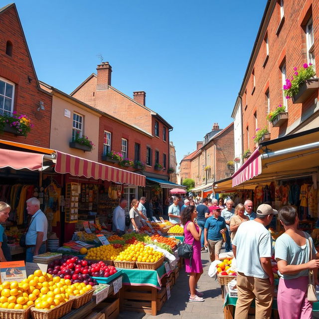 A vibrant street scene featuring a busy marketplace filled with colorful stalls, where vendors sell fresh fruits, handmade crafts, and local delicacies