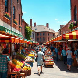 A vibrant street scene featuring a busy marketplace filled with colorful stalls, where vendors sell fresh fruits, handmade crafts, and local delicacies