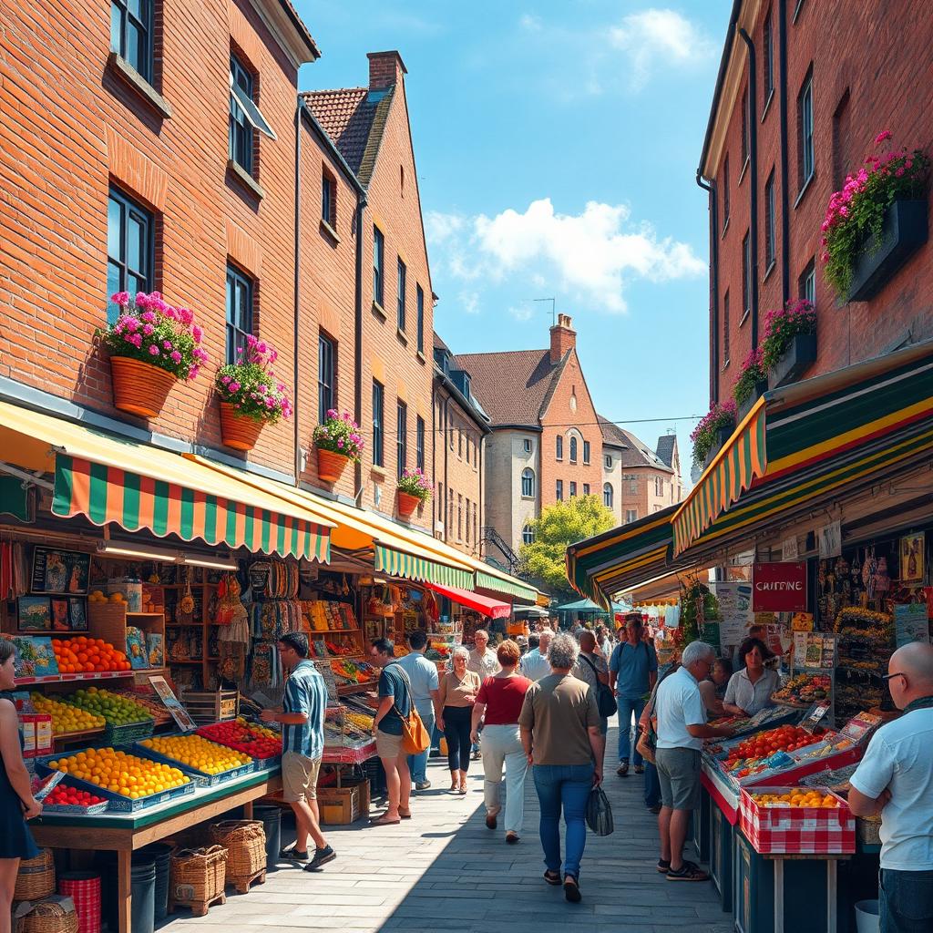 A vibrant street scene featuring a busy marketplace filled with colorful stalls, where vendors sell fresh fruits, handmade crafts, and local delicacies
