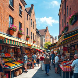 A vibrant street scene featuring a busy marketplace filled with colorful stalls, where vendors sell fresh fruits, handmade crafts, and local delicacies