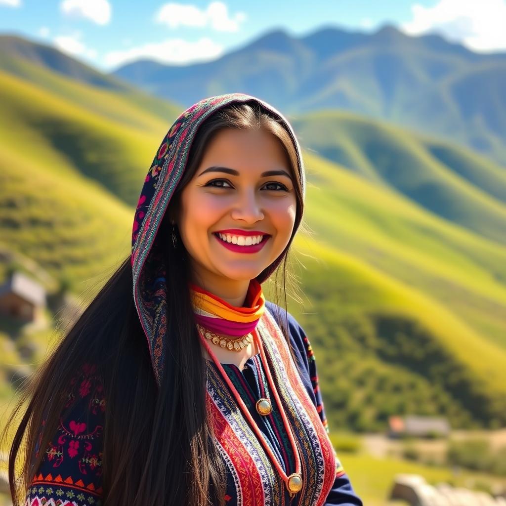 A vibrant and colorful portrait of a Kurdish woman wearing traditional Kurdish attire with intricate patterns and bright colors