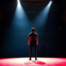 A figure standing on a large stage illuminated by bright spotlight, surrounded by shadowy audience members gazing up at them in awe