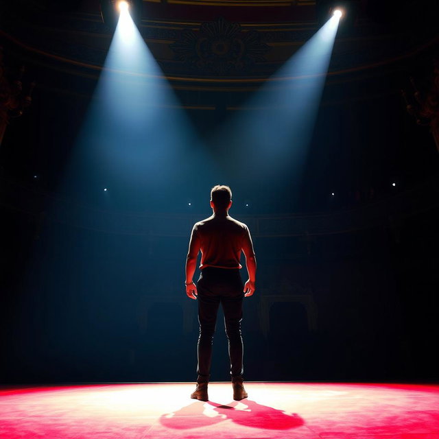 A figure standing on a large stage illuminated by bright spotlight, surrounded by shadowy audience members gazing up at them in awe