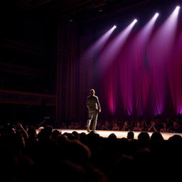 A figure standing on a large stage illuminated by bright spotlight, surrounded by shadowy audience members gazing up at them in awe