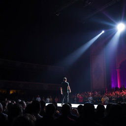 A figure standing on a large stage illuminated by bright spotlight, surrounded by shadowy audience members gazing up at them in awe