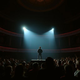 A figure standing on a large stage illuminated by bright spotlight, surrounded by shadowy audience members gazing up at them in awe