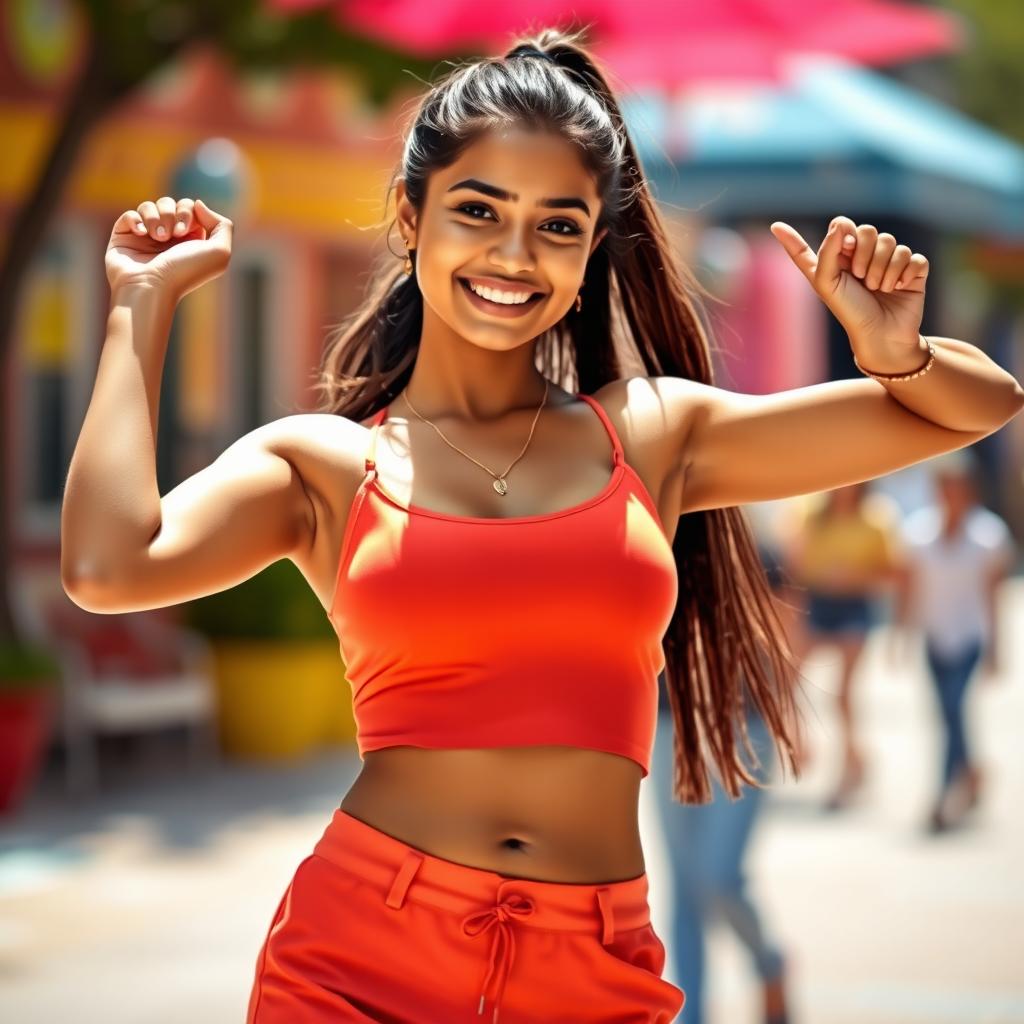 A young Indian woman with a cheerful expression, wearing a short skirt and a stylish ponytail