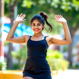 A young Indian woman with a cheerful expression, wearing a short skirt and a stylish ponytail